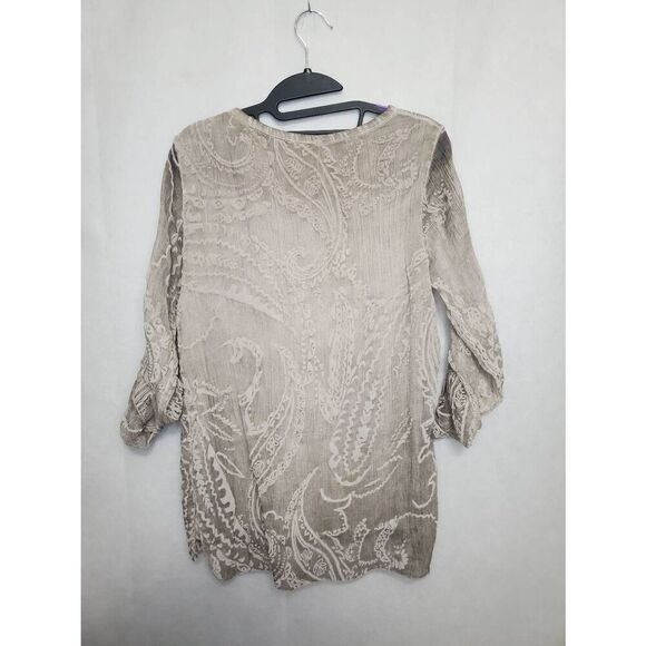 Scandal Italian Silk Lagenlook Neutral Embellished Roll Tab Sleeve Tunic Top - Picture 6 of 6